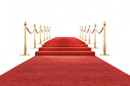 Red carpet with stanchions leading up stairs isolated on white background