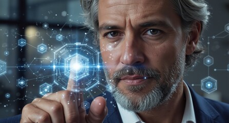 mature businessman interacting with a futuristic digital network interface, concept of innovation and technology.