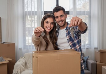 happy young couple holding keys and sitting with moving boxes in a new home.