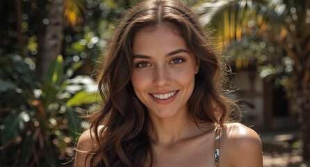 beautiful young woman with a genuine smile in a lush tropical garden setting.