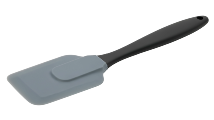 A silicone spatula with a dark grey handle against a black background
