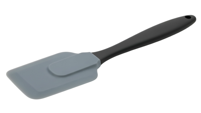 A silicone spatula with a dark grey handle against a black background