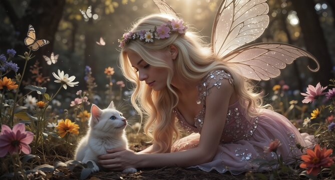 ethereal fairy with white cat in wildflower meadow, magical whimsical scene - Powered by Adobe