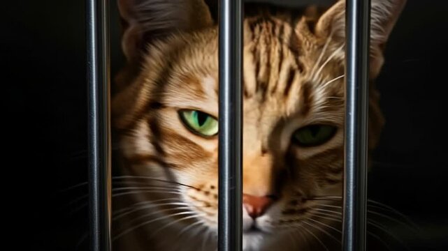 Bengal cat close-up behind metal bars dramatic confinement montage.