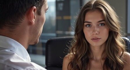 intimate conversation between a beautiful woman and a businessman in a modern office setting.