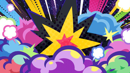 アメコミ風の衝撃の煙と光の背景イラスト_カラフル_16:9