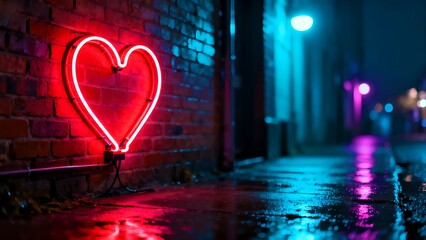 Neon light sign shaped like a glowing red heart attached to a brick wall, wet pavement reflection, night time, cinematic bokeh, moody atmosphere, cyan and magenta lighting scheme, realistic.