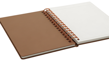 Open notebook with brown cover and wire binding, showcasing blank lined pages