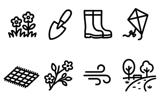 Spring Icons Collection. Spring Activities linear icon set: flower meadow, gardening trowel, rain boots, kite icon, picnic blanket, blossoming branch, soft breeze line, park path