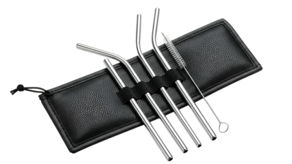 Stainless steel drinking straws, curved and straight, with a cleaning brush, inside a case