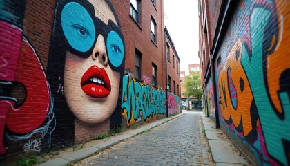 Alleyway shows vibrant brick wall art, city life. Graffiti depicts woman with glasses, big lips. Modern wallpainting reflects urban culture. Alley is paved with cobblestone in downtown district.