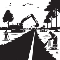 Silhouette illustration of road construction with an excavator, workers, and trees under a cloudy sky