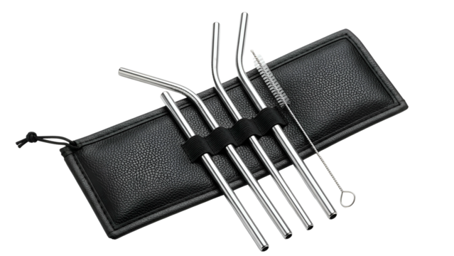 Stainless steel drinking straws, curved and straight, with a cleaning brush, inside a case