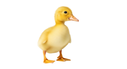Adorable yellow duckling stands alone against a white backdrop.