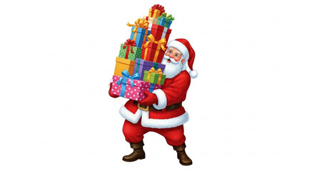 Jolly Santa Claus carrying a stack of colorful Christmas gifts, bringing joy and holiday cheer for seasonal celebrations and festive marketing campaigns