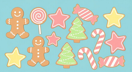 Festive gingerbread men, Christmas trees, stars, and candy canes create a delightful holiday baking scene, perfect for seasonal cards and cheerful designs
