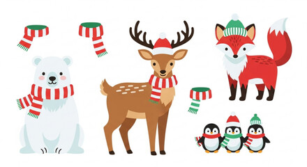 Festive winter animals celebrate the holidays with scarves and hats, perfect for adorable seasonal designs and cheerful greeting cards for everyone