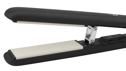 Close-up of a black hair styling tool with white heating plates, open and angled