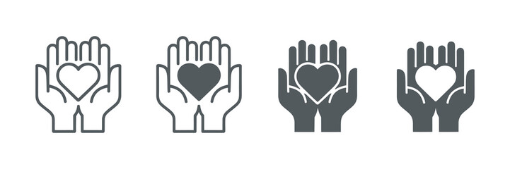 Obraz premium Hand holding heart vector icons set on white background. donation, care, love, charity, give symbol illustrations. Vector