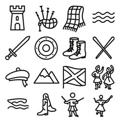 Fototapeta premium Scottish Festival Icons. Scottish Heritage Festival linear icon set: castle tower, bagpipe, tartan scarf, loch waves, sword, round shield, traditional boots, drumsticks, bonnie hat