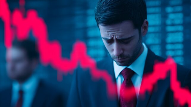 A businessman appears distressed, gazing downward, with a red downward trend graph in the background, symbolizing financial loss or market decline.