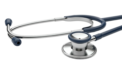A medical stethoscope with blue tubes and silver earpieces, poised for examination