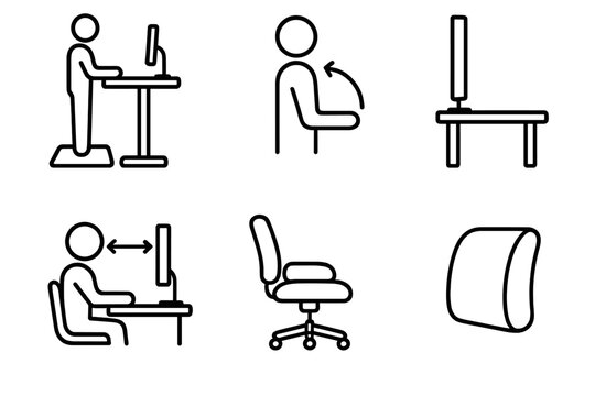 Ergonomic Workspace Icons. Digital Workspace Ergonomics linear icon set: standing desk icon, cushioned mat, elbow angle guide, vertical monitor, breathing space zone, supportive