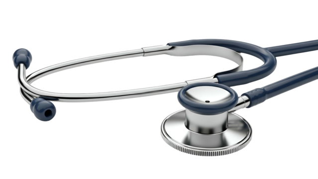 A medical stethoscope with blue tubes and silver earpieces, poised for examination