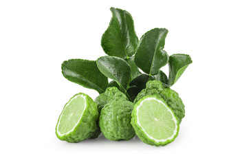 Pile of fresh kaffir limes with green leaves and halves isolated on white background with clipping path. Asian tropical citrus fruit for herbal medicine or tom yum soup cooking.
