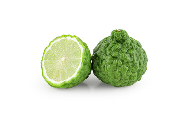 Group of fresh green kaffir lime and cut in half sliced showing texture isolated on white background. Sour organic citrus fruit for healthy food or aromatherapy beauty spa concept.