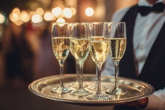 Professional Waiter Delivers Champagne Flutes for Special Occasion