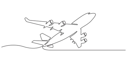 Continuous one line drawing of flying airbus or plane. Aeroplane  fly outline illustration. Editable vector. Airplane in single line draw illustration. One continue Line draw airplane On White