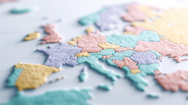 Colorful puzzle pieces of Europe map scattered on a white table, symbolizing travel, geography, learning, planning and global connection in an educational creative context.