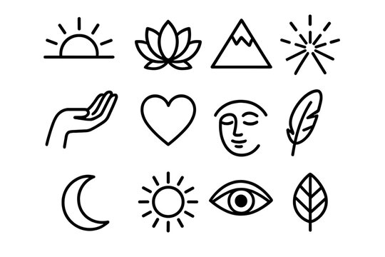 Icons of Enlightenment. Path to Enlightenment linear icon set. sunrise, lotus, mountain peak, open hand, heart, light beam, calm face, eye, feather, moon, sun, leaf