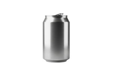 Blank silver aluminum beverage can with pull tab opener isolated on transparent background, perfect for mockup or product presentation of soda or drink