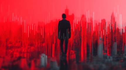 A silhouette of a figure stands against a vibrant red cityscape, with abstract vertical lines suggesting data or sound waves, creating a dramatic and modern visual effect.
