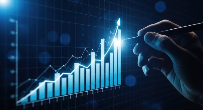 Close-up of a hand with a pen pointing at a rising bar chart and arrow on a futuristic digital interface, symbolizing business growth and financial success