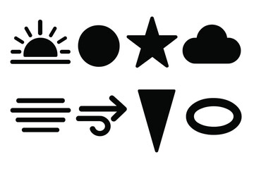 Sky Icons in Brutalist Style. Sky atmosphere silhouette icon set: sunrise glow, sunset disk, twilight star, drifting cloud, soft haze, wind arrow, light beam, airy ring