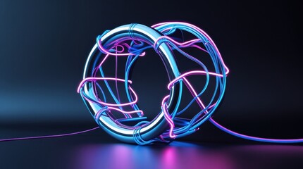 Abstract metallic ring with vibrant blue and pink neon lights creating a dynamic futuristic glow effect on a subtle gradient.