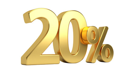 20 percentage gold 3D symbol on transparent background PNG