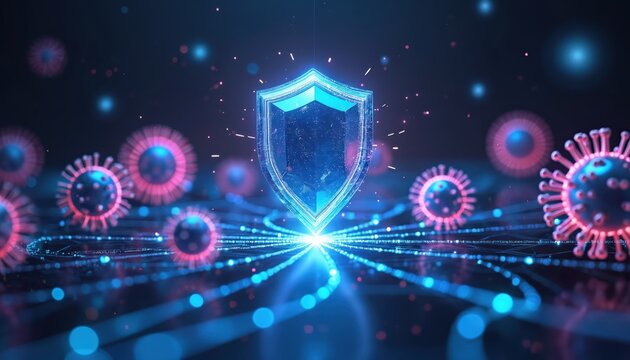 Digital shield protects from virus. Cyber security defends from digital pandemic. Safety, protection concept. Security system protect against virus threats. Data defense against cybercrime. 3D