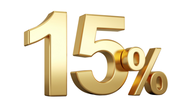 15 percentage gold 3D symbol on transparent background PNG