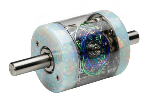 Transparent cylindrical electric motor with internal components isolated on transparent background