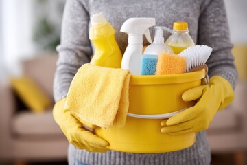 Woman Holding Yellow Bucket with Cleaning Supplies