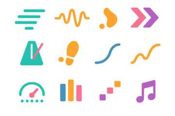 Modern Pace Icons. Pace flat icon set: speed lines, steady rhythm wave, pacing arrows, metronome icon, stride marker, flow curve, timing dots, balanced pace bar, momentum line