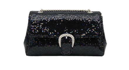 Black Sequin Handbag with Buckle Detail.