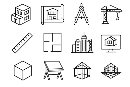 Architectural Blueprint Design. Architectural 3D Environments linear icon set. building model, blueprint, compass tool, ruler, floor plan, city skyline, crane, 3D cube, drafting