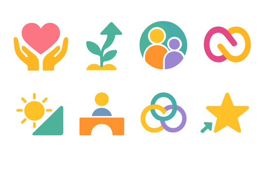 Modern Parenting Icons. Parenting strategies symbols flat icon set: nurturing heart, growth arrow, support circle, connection loop, clarity beam, trust bridge, teamwork ring