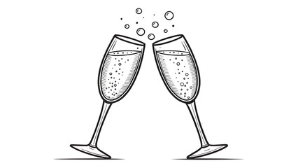 Two champagne flutes clinking together with bubbles rising in a celebratory toast illustration