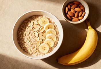 Healthy breakfast bowl featuring oatmeal topped with banana slices and almond flakes, accompanied by a banana and a bowl of almonds, showcasing nutritious food choices